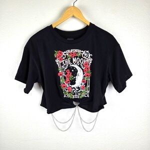 Women's Boho Gypsy Festival Black Red Graphic Crop With Belly Chains Tee Sz Med